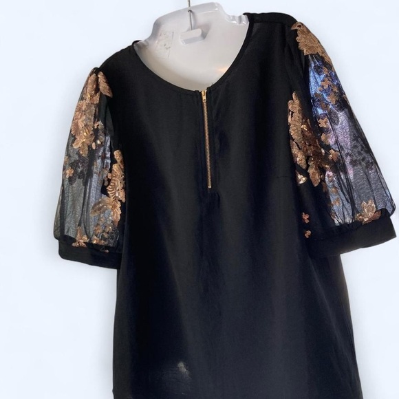 Black Short Sleeve with Gold Floral sheer sleeves Shein L - Picture 2 of 3